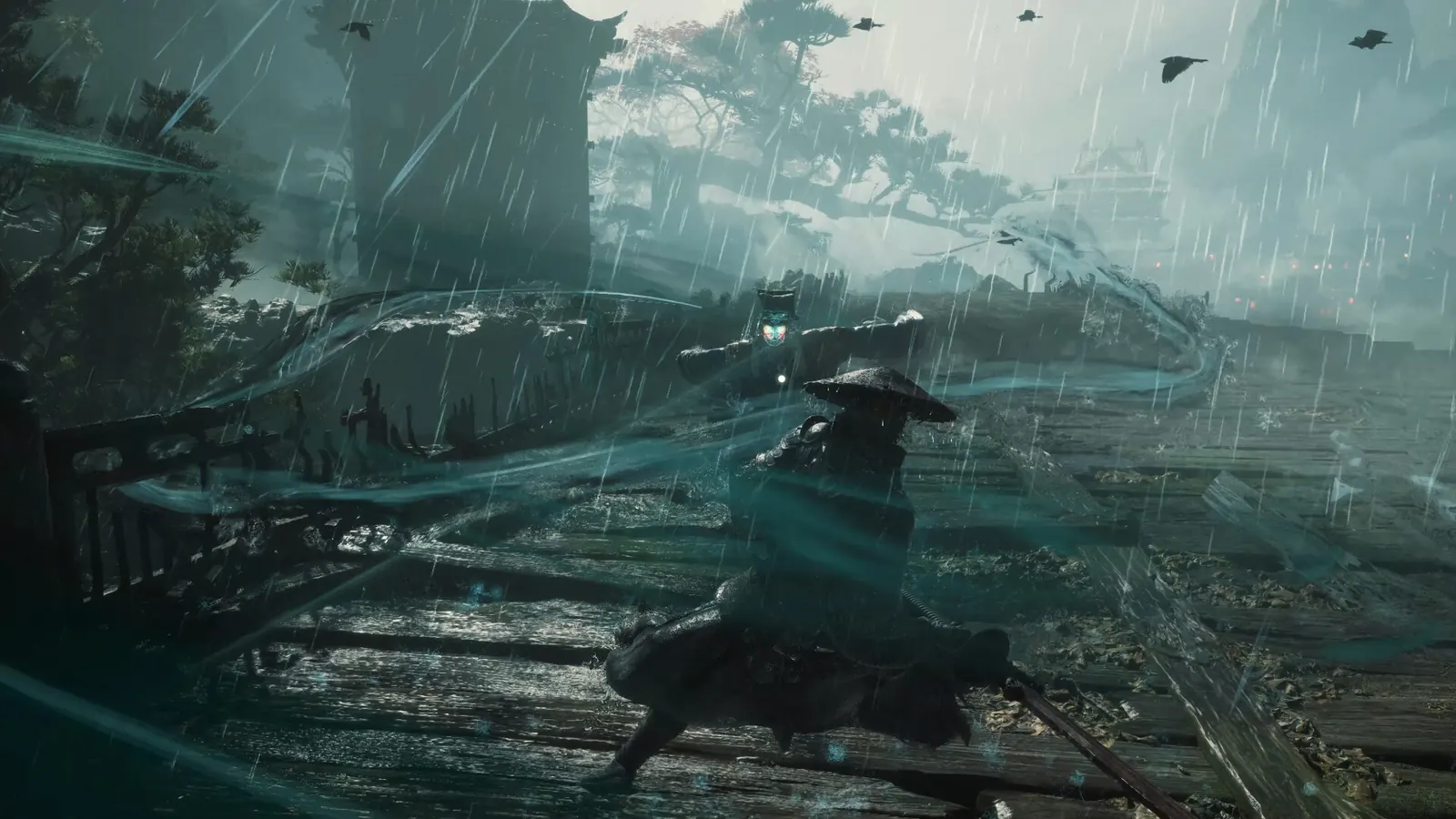 A sword fighter faces an opponent on a rain-soaked wooden walkway